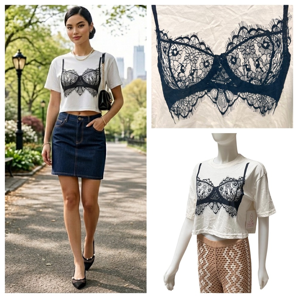 New Lace Bralette Graphic Crop Top White Sz M Y2K Coquette Parisian Chic NWT